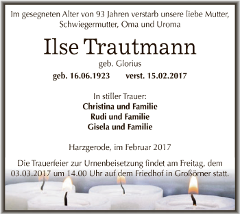 Traueranzeige von Ilse Trautmann von Super Sonntag SGH Mansf. Land
