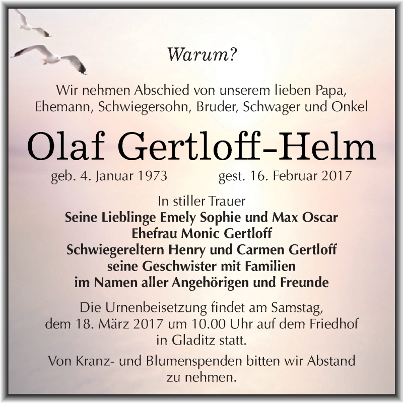  Traueranzeige für Olaf Gertloff-Helm vom 25.02.2017 aus Super Sonntag Zeitz