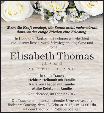 Traueranzeige von Elisabeth Thomas von Mitteldeutsche Zeitung Sangerhausen