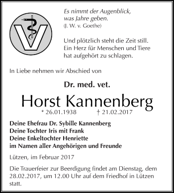 Traueranzeige von Horst Kannenberg von WVG - Wochenspiegel NMB / WSF / ZTZ
