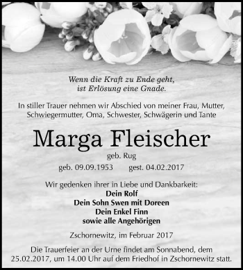 Traueranzeige von Marga Fleischer von Super Sonntag Wittenberg