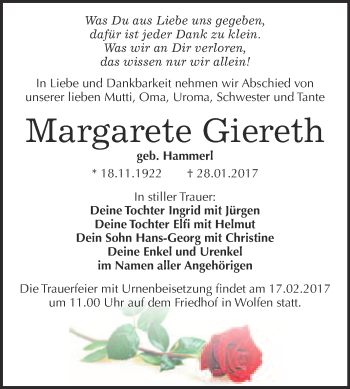 Traueranzeige von Margarete Giereth von WVG - Wochenspiegel Bitterfeld