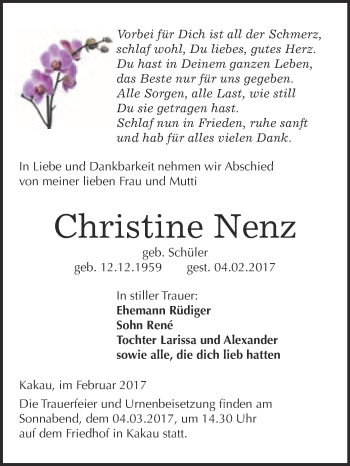 Traueranzeige von Christine Nenz von Super Sonntag Wittenberg
