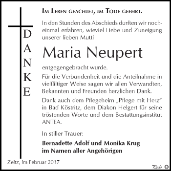 Traueranzeige von Maria Neupert von Super Sonntag Zeitz