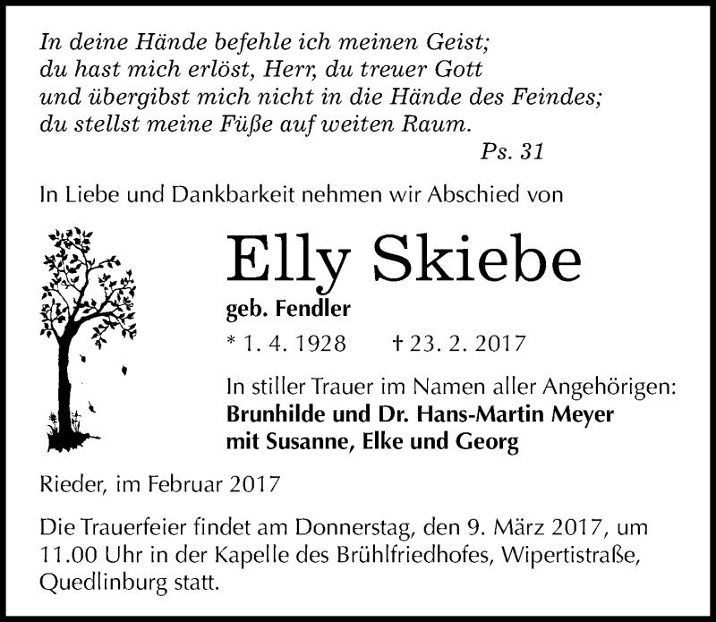  Traueranzeige für Elly Skiebe vom 28.02.2017 aus Mitteldeutsche Zeitung Quedlinburg