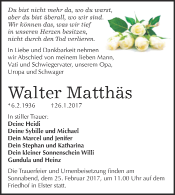 Traueranzeige von Walter Matthäs von Super Sonntag Wittenberg
