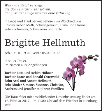 Traueranzeige von Brigitte Hellmuth von Mitteldeutsche Zeitung Bernburg