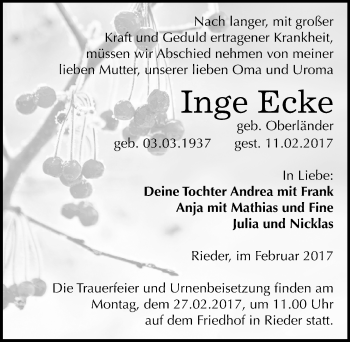 Traueranzeige von Inge Ecke von Mitteldeutsche Zeitung Quedlinburg