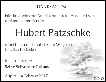 Traueranzeige von Hubert Patzschke von WVG - Wochenspiegel NMB / WSF / ZTZ