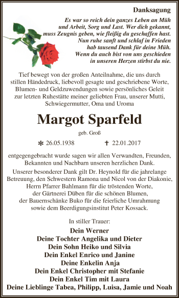Traueranzeige von Margot Sparfeld von Super Sonntag Wittenberg