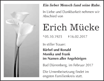 Traueranzeige von Erich Mücke von Super Sonntag Halle