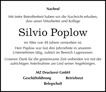 Traueranzeige von Silvio Poplow von Mitteldeutsche Zeitung Halle/Saalkreis