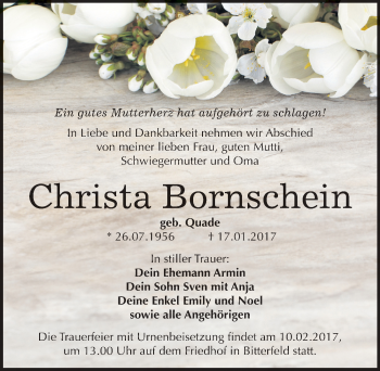Traueranzeige von Christa Bornschein von Mitteldeutsche Zeitung Bitterfeld