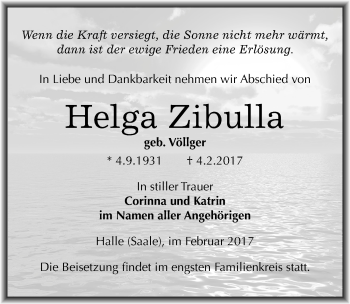 Traueranzeige von Helga Zibulla von Mitteldeutsche Zeitung Halle/Saalkreis