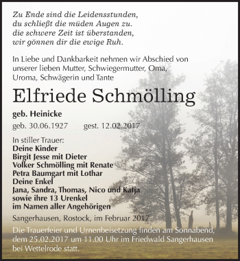 Traueranzeige von Elfriede Schmölling von Mitteldeutsche Zeitung Sangerhausen