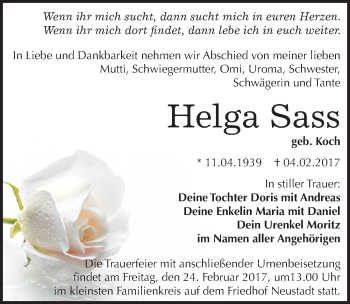 Traueranzeige von Helga Sass von Mitteldeutsche Zeitung Halle/Saalkreis