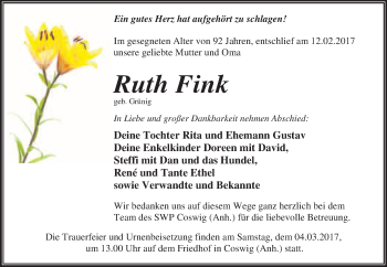 Traueranzeige von Ruh Fink von WVG - Wochenspiegel Halle