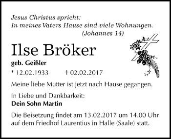 Traueranzeige von Ilse Bröker von Mitteldeutsche Zeitung Halle/Saalkreis
