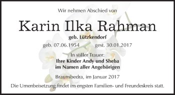 Traueranzeige von Karin Ilka Rahman von Mitteldeutsche Zeitung Merseburg/Querfurt