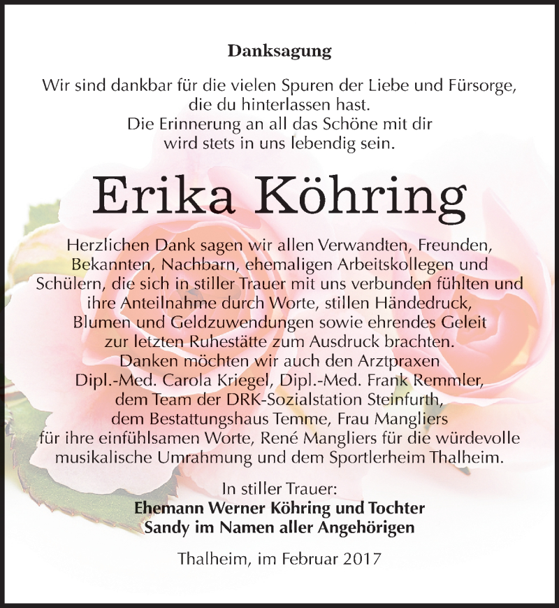  Traueranzeige für Erika Köhring vom 18.02.2017 aus Mitteldeutsche Zeitung Bitterfeld