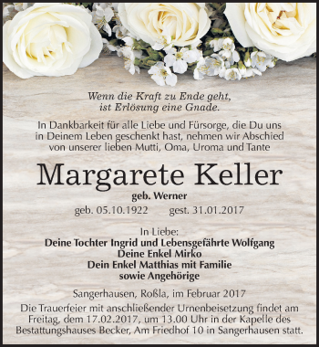 Traueranzeige von Margarete Keller von Mitteldeutsche Zeitung Sangerhausen