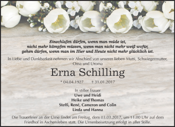 Traueranzeige von Erna Schilling von Super Sonntag SGH Mansf. Land