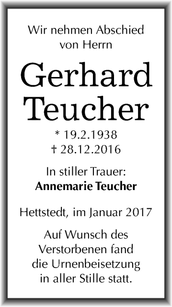 Traueranzeige von Gerhard Teucher von Mitteldeutsche Zeitung Mansfelder Land