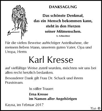 Traueranzeige von Karl Kresse von Mitteldeutsche Zeitung Zeitz