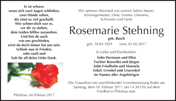 Traueranzeige von Rosemarie Stehning von Mitteldeutsche Zeitung Bernburg