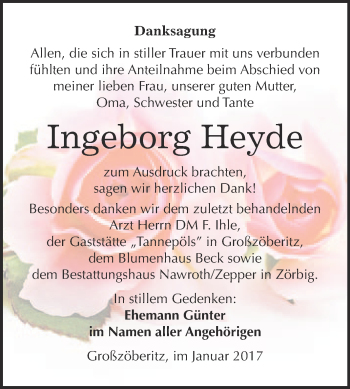 Traueranzeige von Ingeborg Heyde von WVG - Wochenspiegel Bitterfeld
