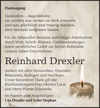 Traueranzeige von Reinhard Drexler von Mitteldeutsche Zeitung Mansfelder Land