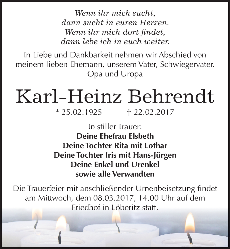  Traueranzeige für Karl-Heinz Behrendt vom 28.02.2017 aus Mitteldeutsche Zeitung Bitterfeld