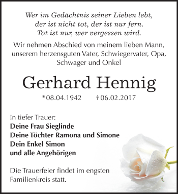 Traueranzeige von Gerhard Hennig von Mitteldeutsche Zeitung Bitterfeld