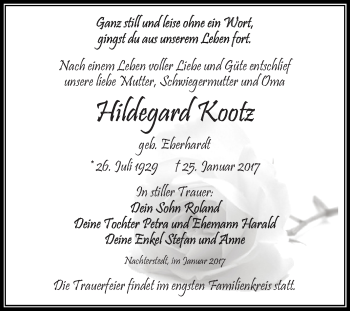 Traueranzeige von Hildegard Kootz von Super Sonntag SGH Mansf. Land