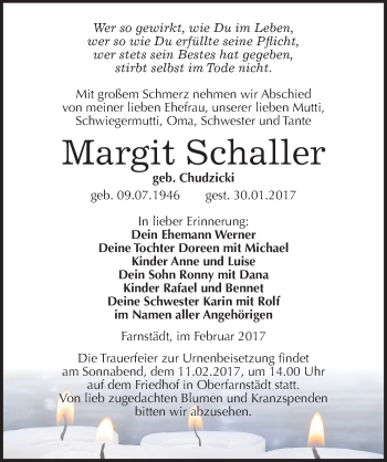Traueranzeige von Margit Schaller von Mitteldeutsche Zeitung Mansfelder Land
