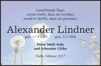 Traueranzeige von Alexander Lindner von Mitteldeutsche Zeitung Halle/Saalkreis
