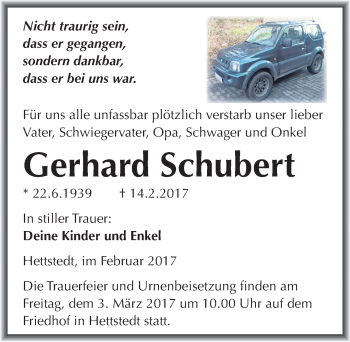 Traueranzeige von Gerhard Schubert von Mitteldeutsche Zeitung Mansfelder Land