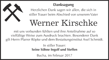 Traueranzeige von Werner Kirschke von WVG - Wochenspiegel NMB / WSF / ZTZ