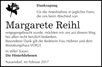 Traueranzeige von Margarete Reihl von Super Sonntag SGH Mansf. Land