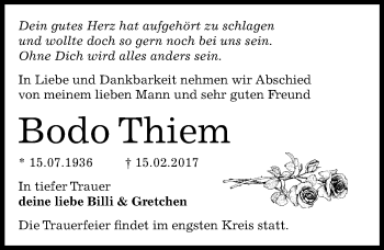 Traueranzeige von Bodo Thiem von Mitteldeutsche Zeitung Dessau-Roßlau