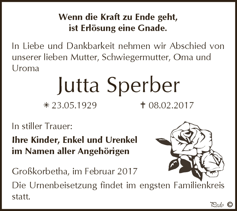  Traueranzeige für Jutta Sperber vom 15.02.2017 aus WVG - Wochenspiegel NMB / WSF / ZTZ