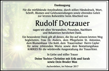 Traueranzeige von Rudolf Dotzauer von Super Sonntag SGH Mansf. Land