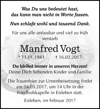 Traueranzeige von Manfred Vogt von Mitteldeutsche Zeitung Mansfelder Land