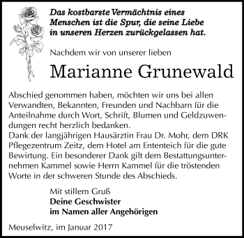 Traueranzeige von Marianne Grunewald von Mitteldeutsche Zeitung Zeitz