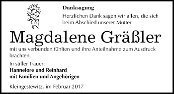 Traueranzeige von Magdalene Gräßler von Mitteldeutsche Zeitung Naumburg/Nebra