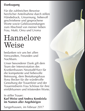 Traueranzeige von Hannelore Weise von Mitteldeutsche Zeitung Sangerhausen