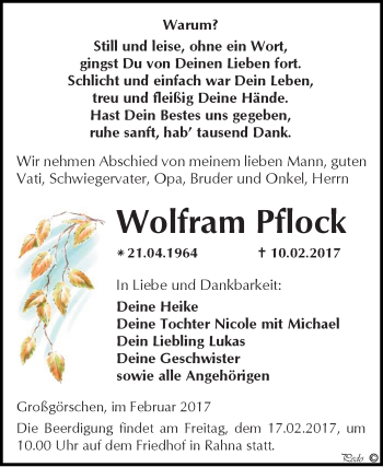 Traueranzeige von Wolfram Pflock von WVG - Wochenspiegel NMB / WSF / ZTZ