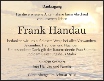 Traueranzeige von Frank Handau von Super Sonntag Quedlinburg