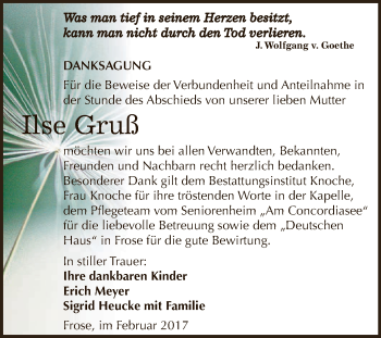 Traueranzeige von Ilse Gruß von Super Sonntag SGH Mansf. Land