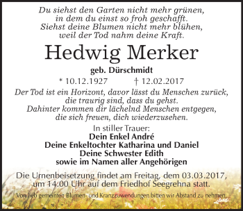Traueranzeige von Hedwig Merker von Mitteldeutsche Zeitung Wittenberg